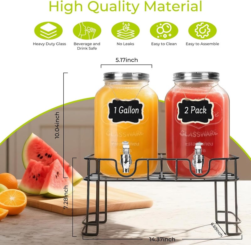 DHSBTLS 1 Gallon Glass Drink Dispensers, 2 Pack Clear Beverage Dispenser for Party, BBQ and Picnic, Juice Dispenser with Ice Core, Black Stand, Spigot, Markers and Chalkboard - Image 3